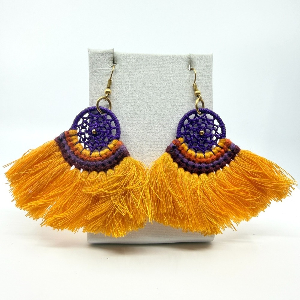 VTG Boho Dreamcatcher Tassel Dangle Earrings - Yellow & Purple Chic